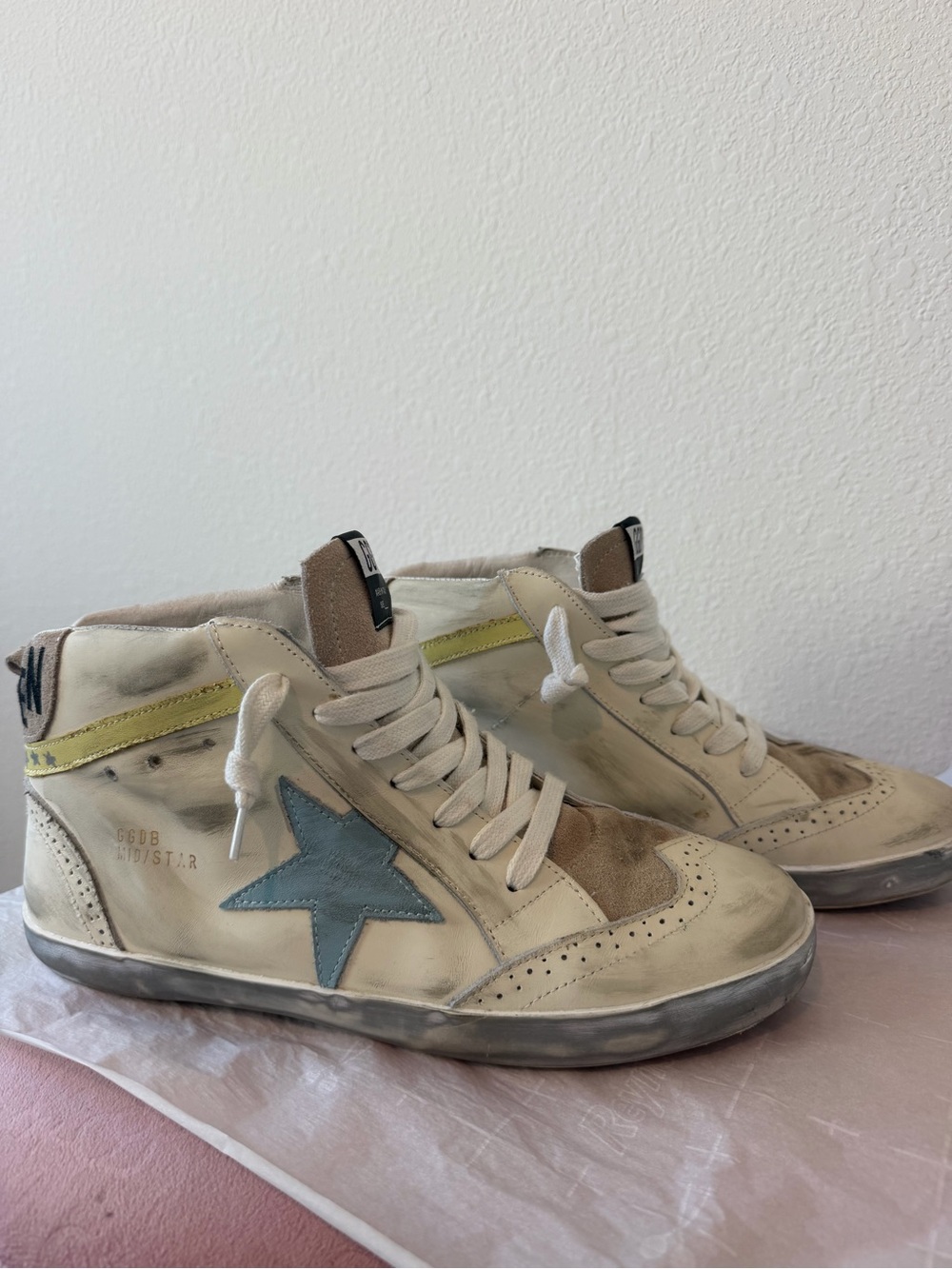 Golden Goose Cream High-Top Sneakers with Blue Star and Yellow Trim